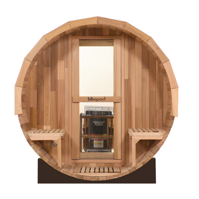 Blisspod Prague | Canadian Red Cedar Outdoor Steam Barrel Sauna | 2-4 / 4-6 Person | Full Glass Back