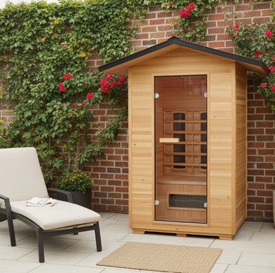 Burlington 2-Person Outdoor Infared Sauna in Hemlock with Weatherproof Cabin, Metal Roof and Bluetooth Sound System