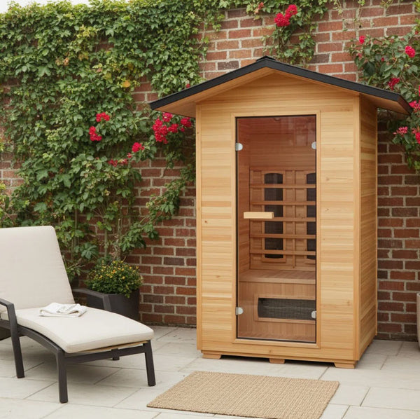 Burlington 2-Person Outdoor Infared Sauna in Hemlock with Weatherproof Cabin, Metal Roof and Bluetooth Sound System