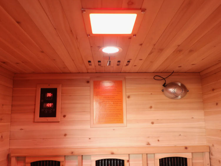 Burlington 2-Person Outdoor Infared Sauna in Hemlock with Weatherproof Cabin, Metal Roof and Bluetooth Sound System