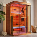 Full Spectrum Infrared Sauna，1-2 Person Home Sauna，Wooden Canadian Hemlock Indoor Spa Sauna with Resonance Speaker, Panoramic Tempered Glass Door