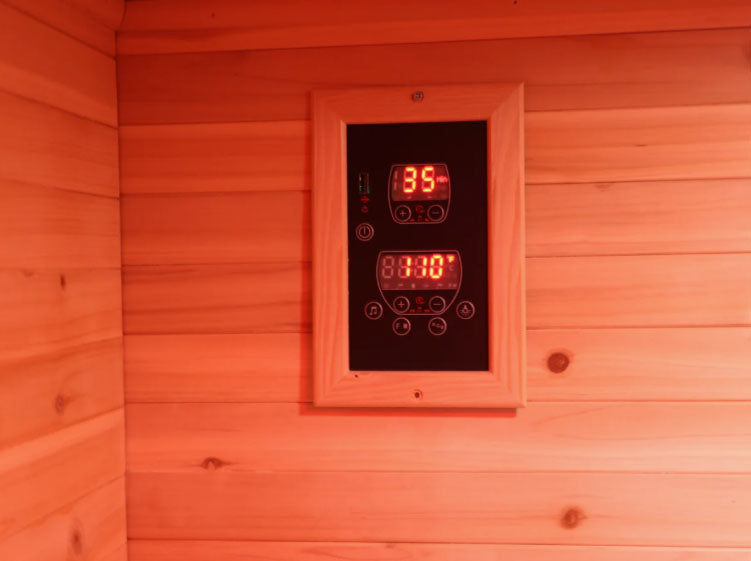 Burlington 2-Person Outdoor Infared Sauna in Hemlock with Weatherproof Cabin, Metal Roof and Bluetooth Sound System